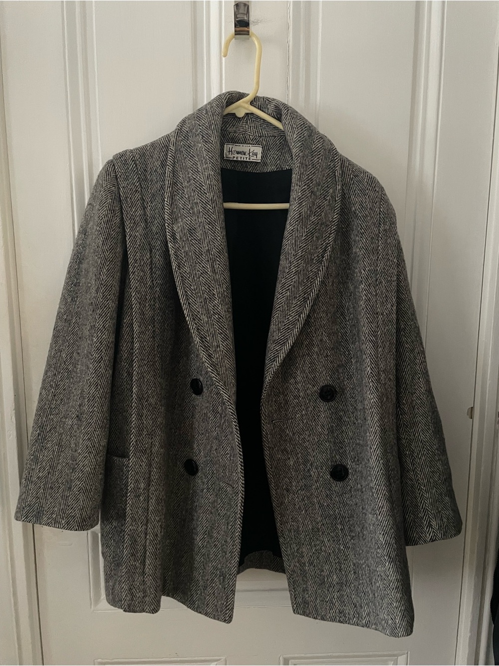 Herman Kay Women's Gray Herringbone Shawl Collar Pea Coat
